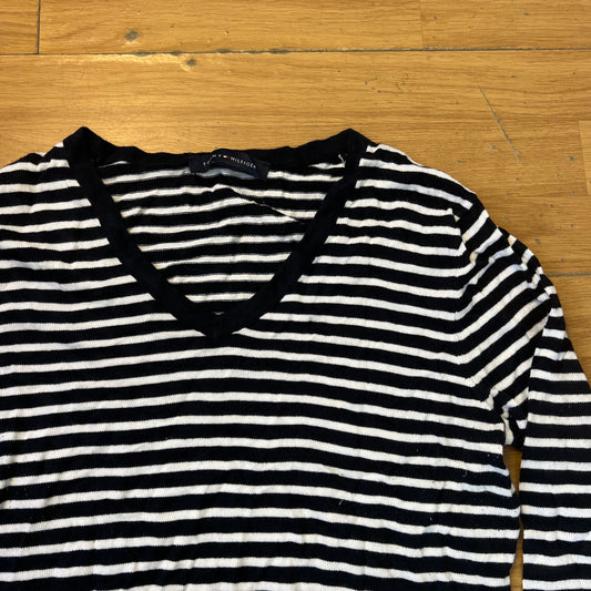 Pull rayé bleu marine et blanc col V - Tommy Hilfiger - Taille M/L
