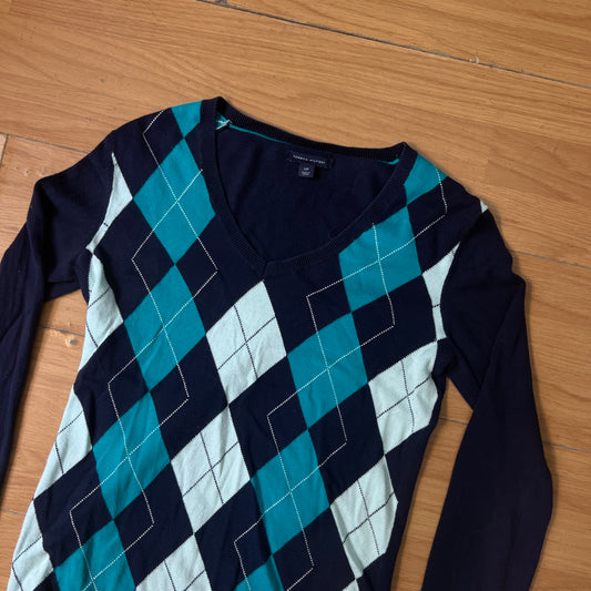 Pull col V bleu foncé Tommy Hilfiger à motifs – Taille S