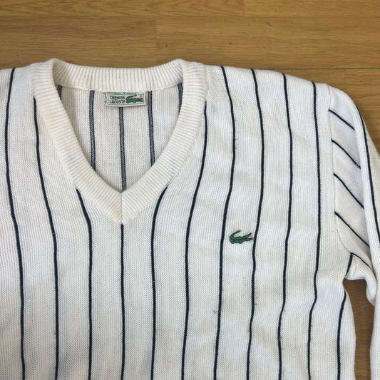 Pull col V blanc avec rayures bleu marine - Lacoste - Taille L/XL by SARLOTTE