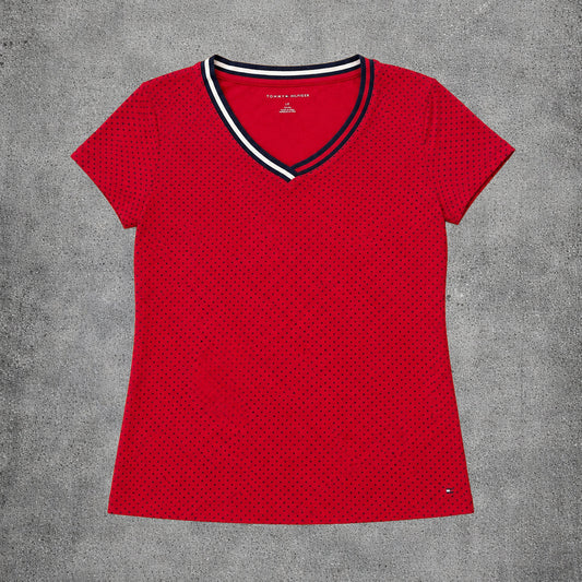T-shirt col V à pois rouge et noir - Tommy Hilfiger - Taille S