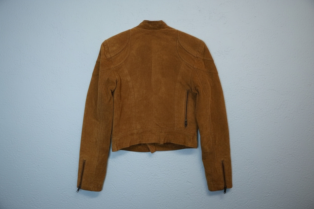 Veste en cuir marron cropped au style contemporain – By MIA