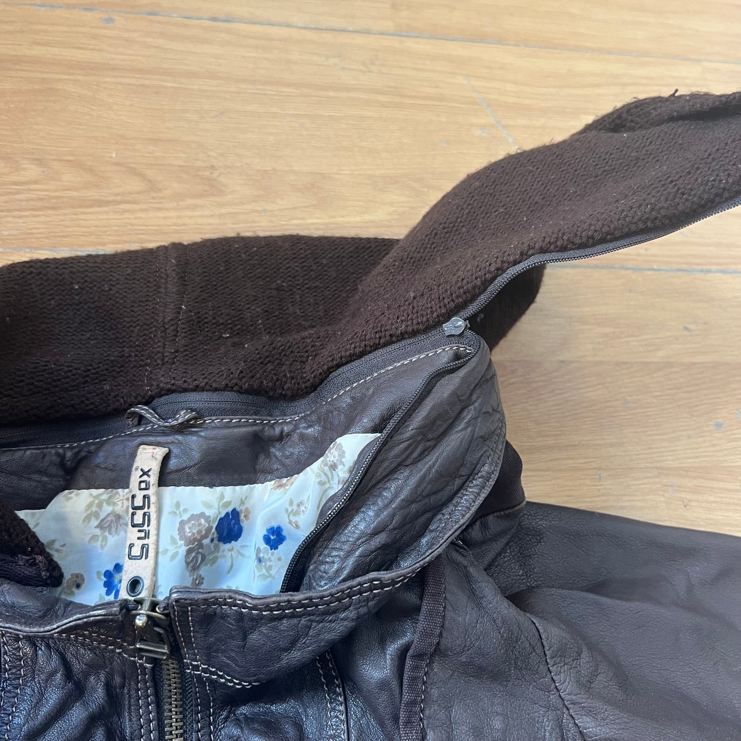 Veste en cuir marron avec capuche en tissu - Taille S by SARLOTTE