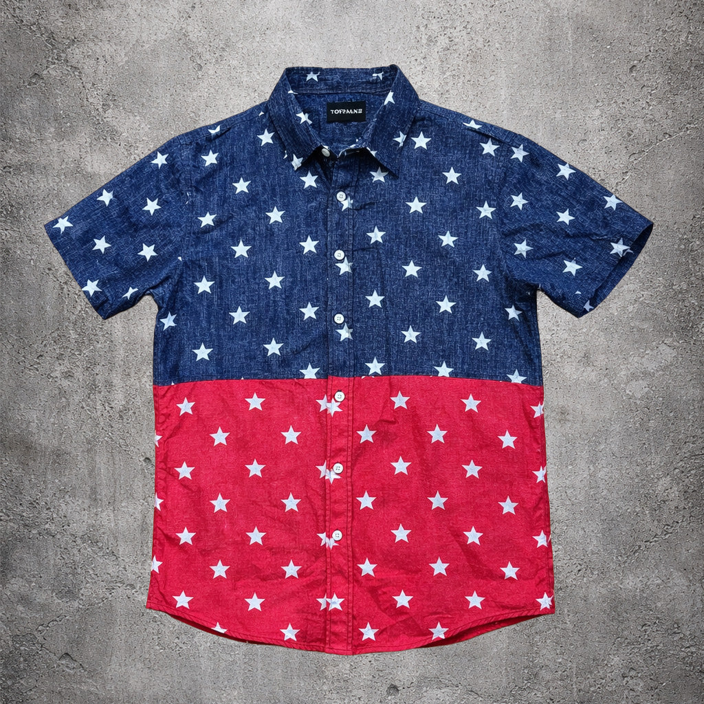 Chemise manches courtes bleu et rouge étoilée - Taille S