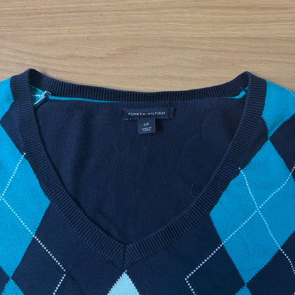 Pull col V bleu foncé Tommy Hilfiger à motifs – Taille S
