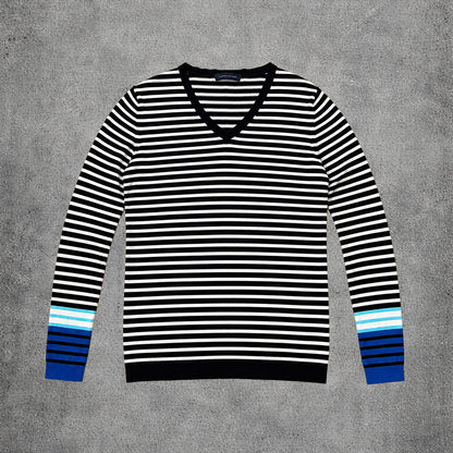 Pull rayé bleu marine et blanc col V - Tommy Hilfiger - Taille M/L
