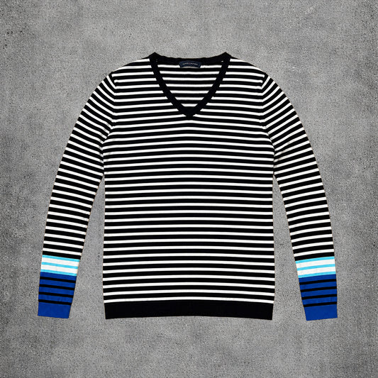 Pull rayé bleu marine et blanc col V - Tommy Hilfiger - Taille M/L