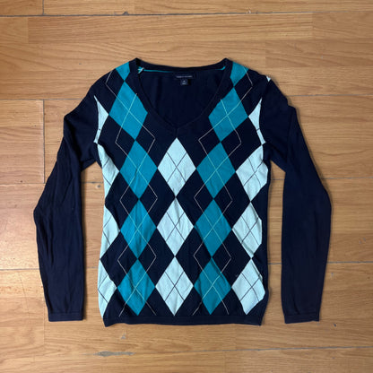 Pull col V bleu foncé Tommy Hilfiger à motifs – Taille S