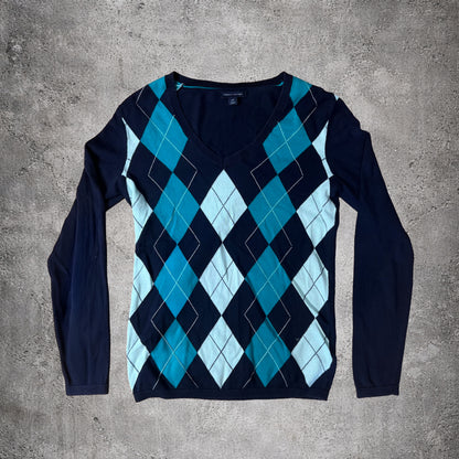 Pull col V bleu foncé Tommy Hilfiger à motifs – Taille S