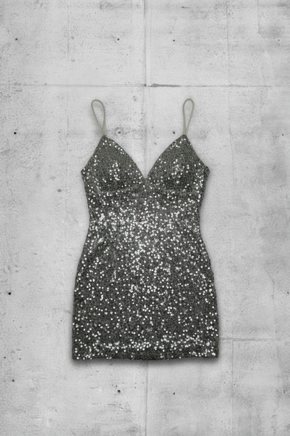 Robe de Fête - Sequins argent sur doublure blance - Taille M