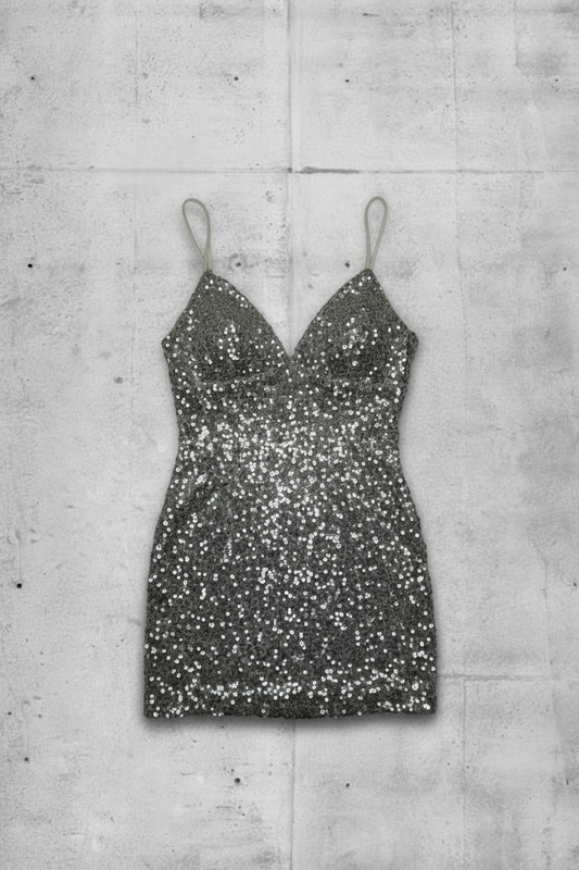 Robe de Fête - Sequins argent sur doublure blance - Taille M