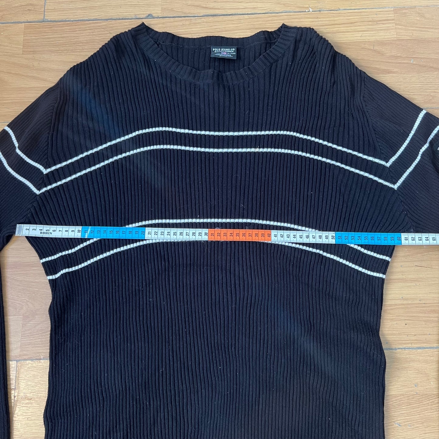 Pull noir Ralph Lauren à rayures blanches – Taille XL