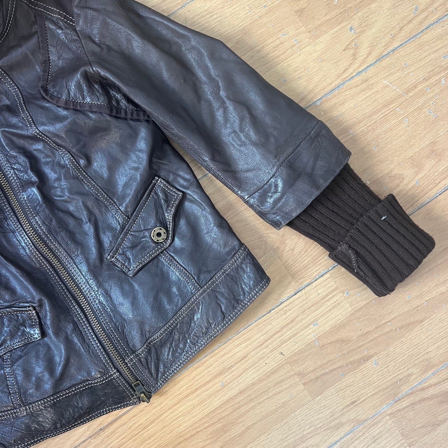 Veste en cuir marron avec capuche en tissu - Taille S by SARLOTTE