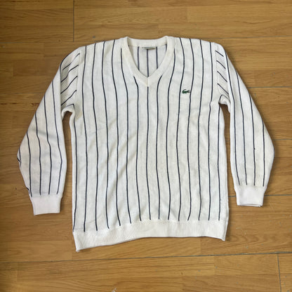 Pull col V blanc avec rayures bleu marine - Lacoste - Taille L/XL by SARLOTTE