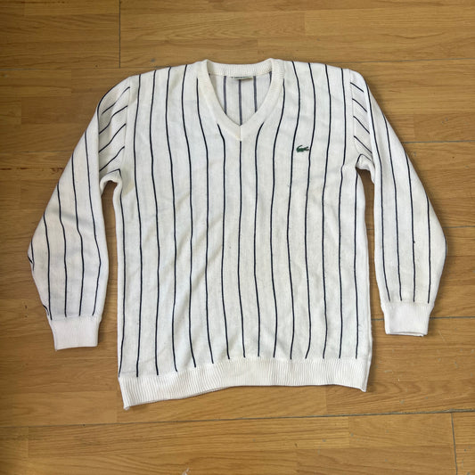 Pull col V blanc avec rayures bleu marine - Lacoste - Taille L/XL by SARLOTTE