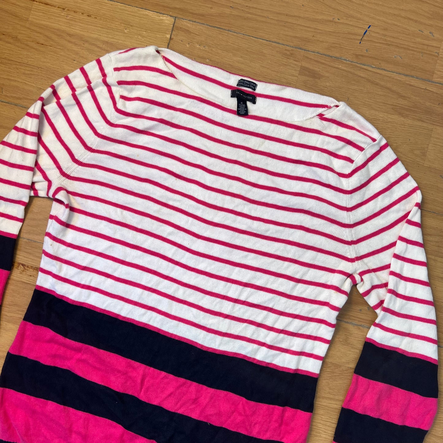 Pull rayé rose et blanc - Tommy Hilfiger (femme) - Taille XL