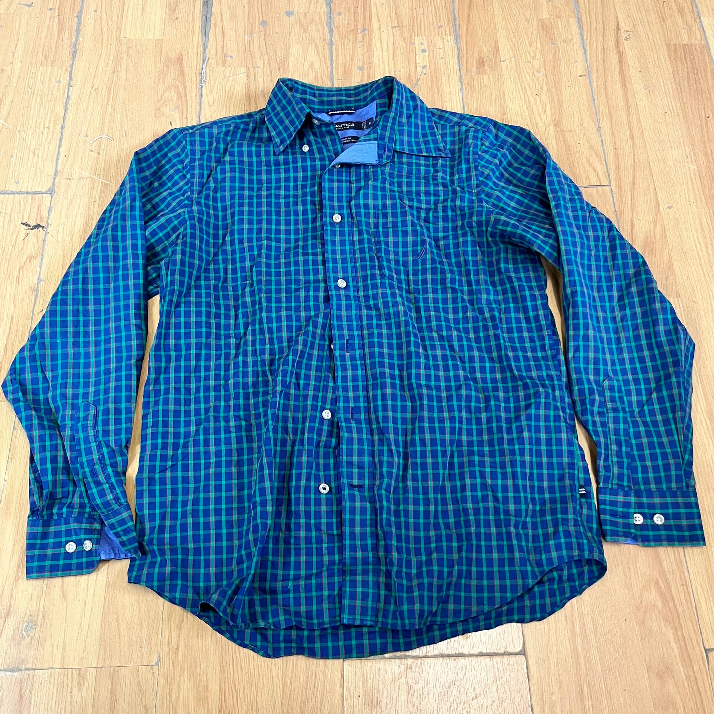Chemise Nautica bleu foncé à carreaux verts – Taille M