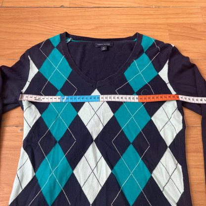 Pull col V bleu foncé Tommy Hilfiger à motifs – Taille S