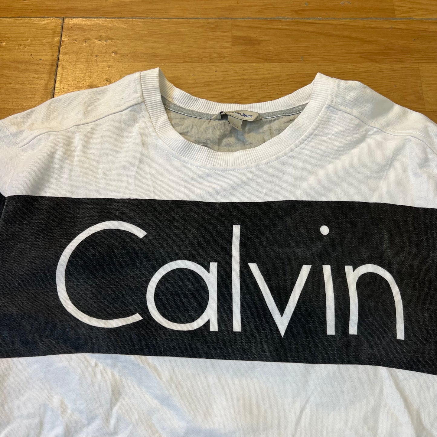 Sweat blanc et noir sans capuche - Calvin Klein - Taille L