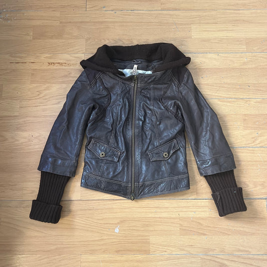 Veste en cuir marron avec capuche en tissu - Taille S by SARLOTTE