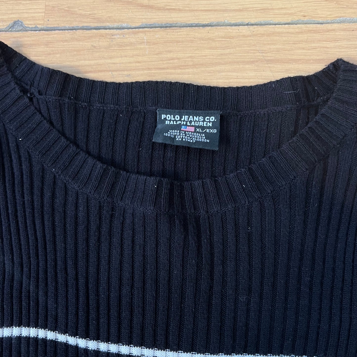 Pull noir Ralph Lauren à rayures blanches – Taille XL