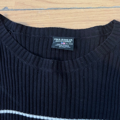 Pull noir Ralph Lauren à rayures blanches – Taille XL