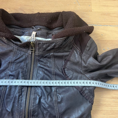 Veste en cuir marron avec capuche en tissu - Taille S by SARLOTTE