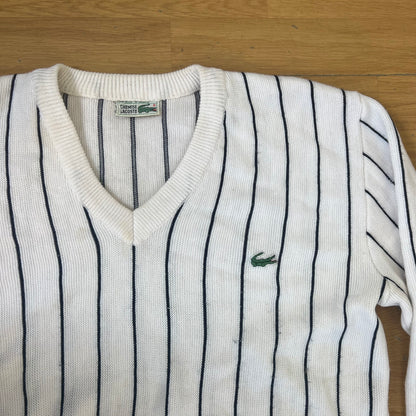 Pull col V blanc avec rayures bleu marine - Lacoste - Taille L/XL by SARLOTTE