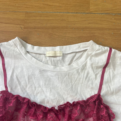 T-shirt blanc avec effet crop top en dentelle rose - Earth Music & Ecology - Taille S by SARLOTTE