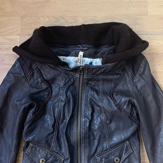 Veste en cuir marron avec capuche en tissu - Taille S by SARLOTTE