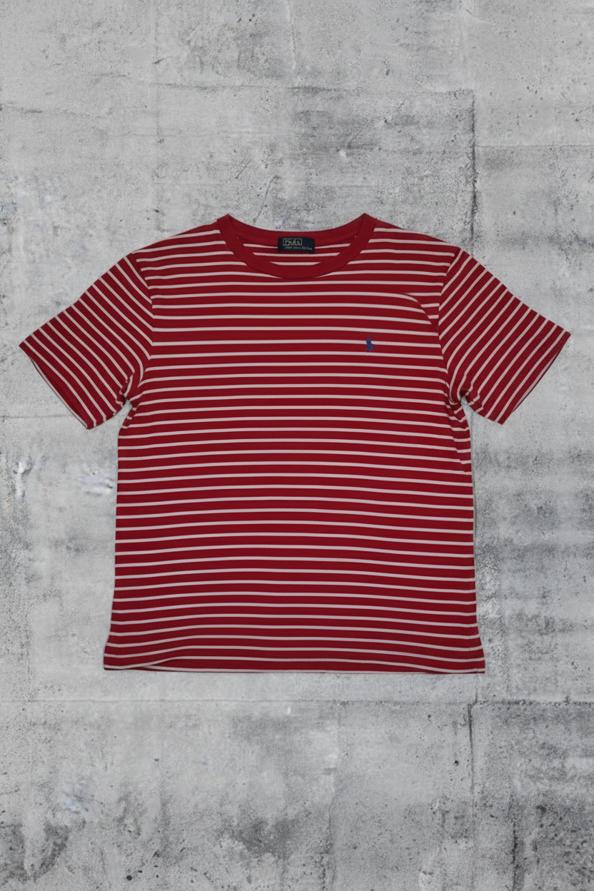 Polo Ralph Lauren T-Shirt - Rouge avec Rayures Blanches – Taille S