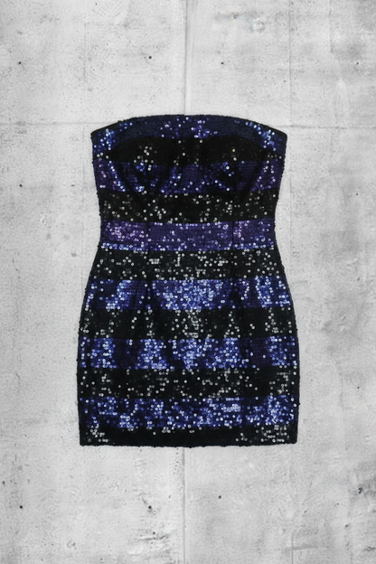 Robe de Fête -  Rayures Bleu et Noir avec Sequins - Taille M