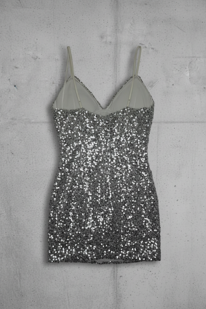 Robe de Fête - Sequins argent sur doublure blance - Taille M