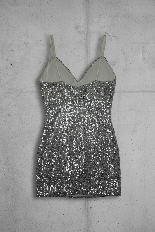 Robe de Fête - Sequins argent sur doublure blance - Taille M