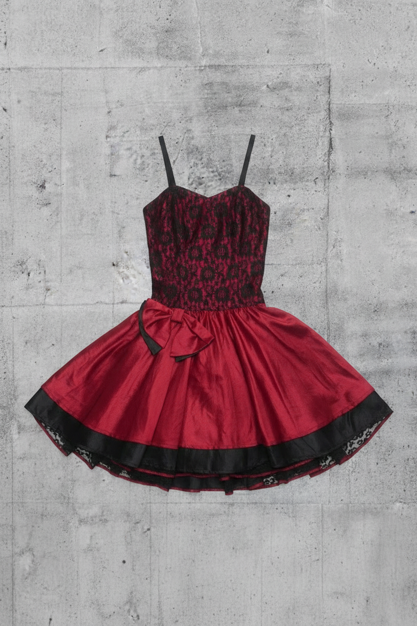 Lolita Robe - Bas Rouge Bouffant – Haut Noir Dentelle avec Ruban – Gros Nœud Rouge - Taille M/L