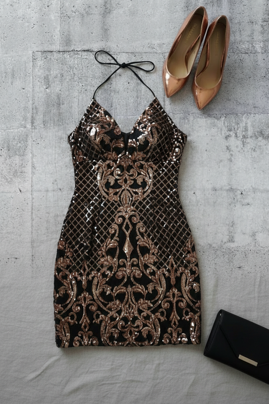 Robe Rose Gold - Sequins Rose Gold sur Fond Noir - Taille S